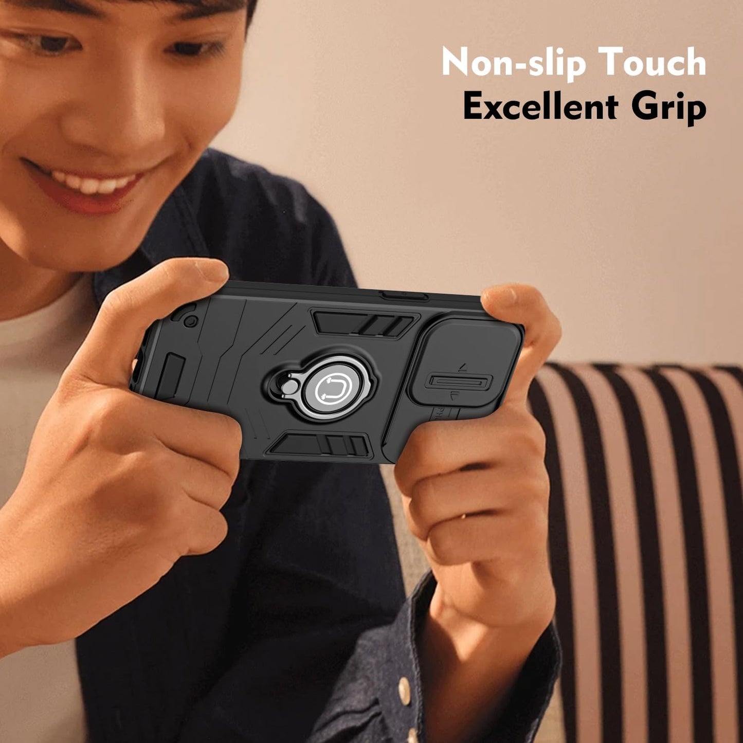Built-in 360 Rotating metal ring phone case with sliding camshield,soft and hard combination for iphone 16 pro max (Black)