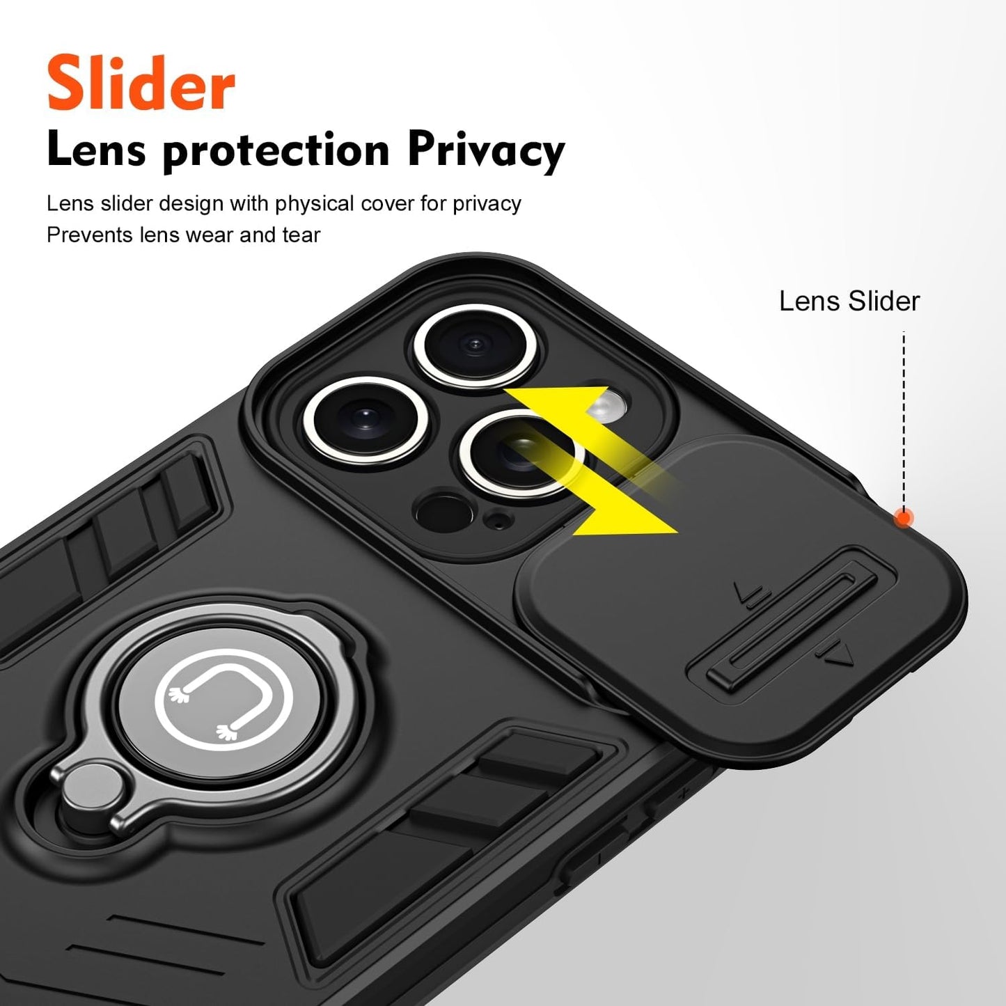 Built-in 360 Rotating metal ring phone case with sliding camshield,soft and hard combination for iphone 16 pro max (Black)
