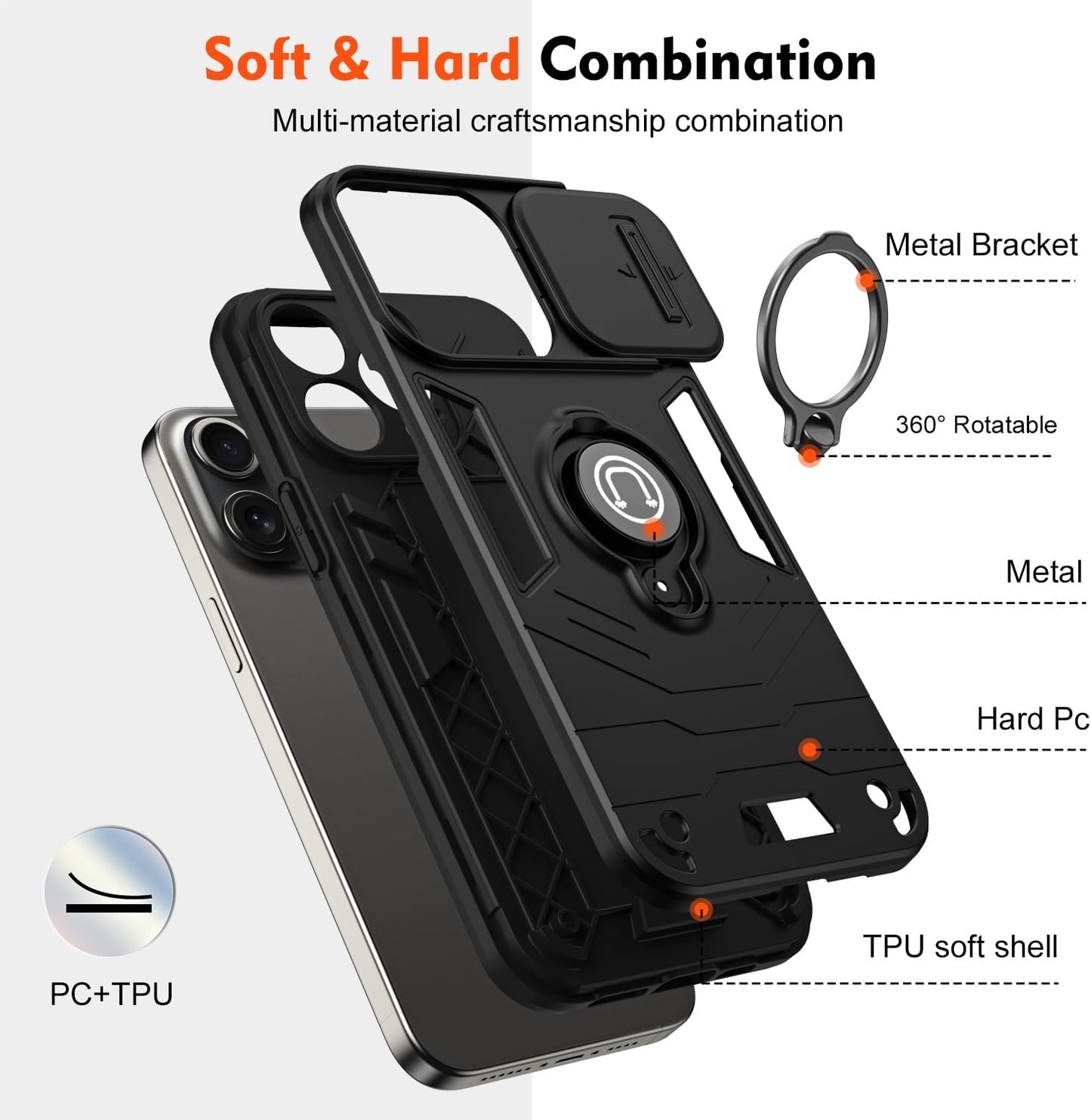Built-in 360 Rotating metal ring phone case with sliding camshield,soft and hard combination for iphone 16 pro max (Black)