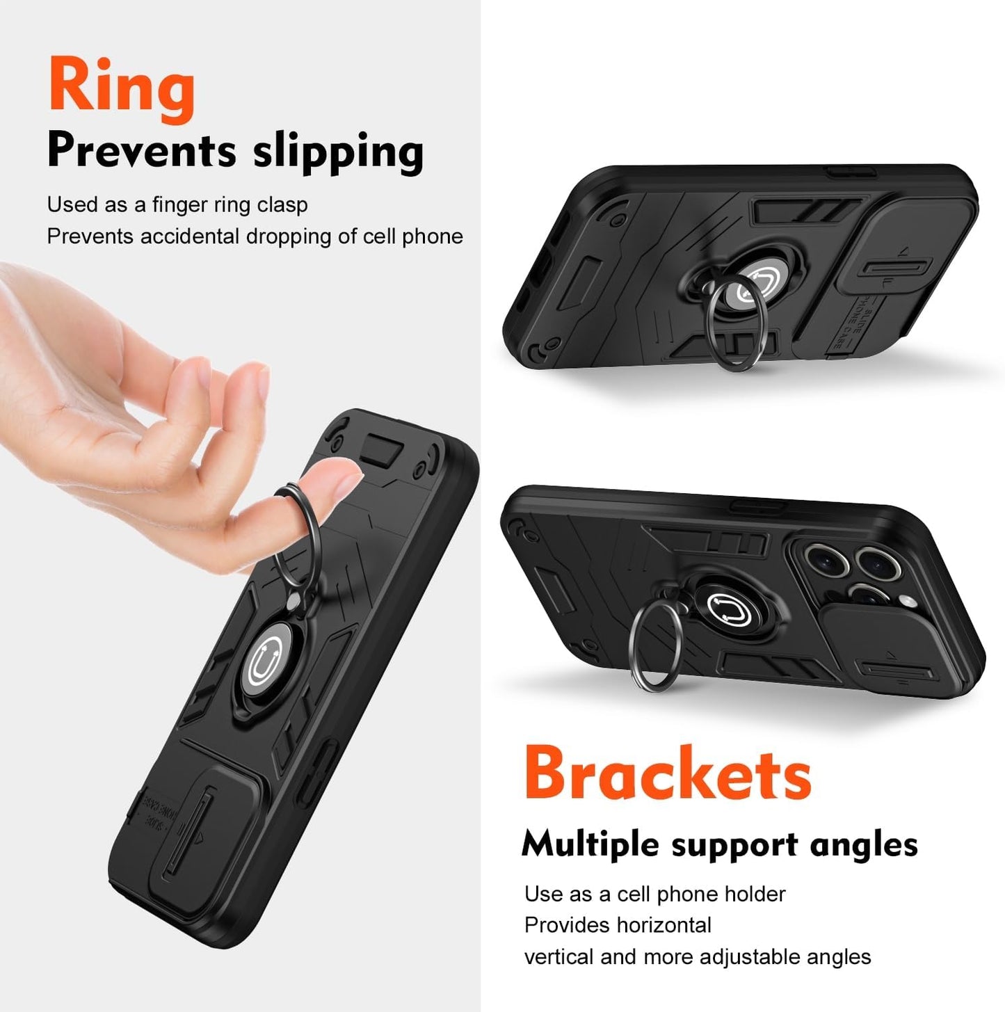Built-in 360 Rotating metal ring phone case with sliding camshield,soft and hard combination for iphone 16 pro max (Black)