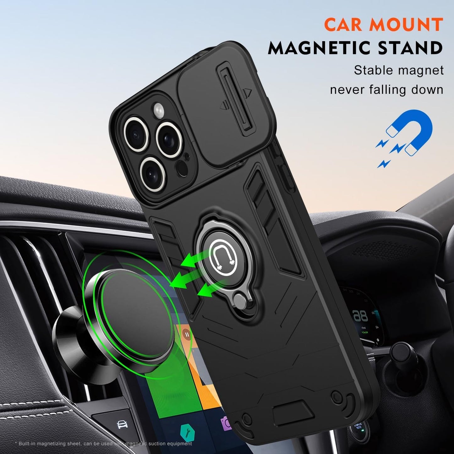 Built-in 360 Rotating metal ring phone case with sliding camshield,soft and hard combination for iphone 16 pro max (Black)