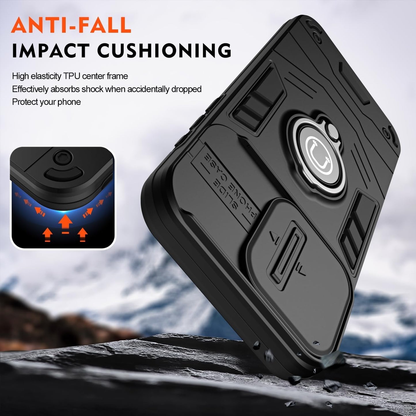Built-in 360 Rotating metal ring phone case with sliding camshield,soft and hard combination for iphone 16 pro max (Black)