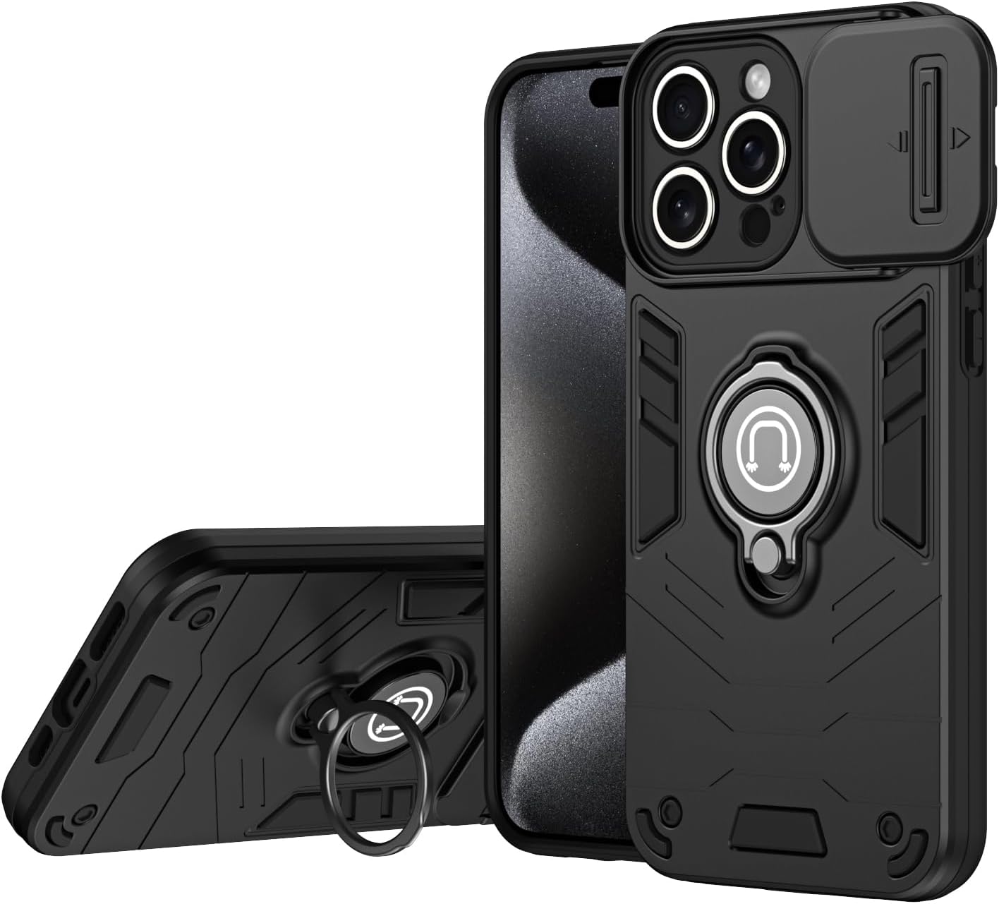 Built-in 360 Rotating metal ring phone case with sliding camshield,soft and hard combination for iphone 16 pro max (Black)