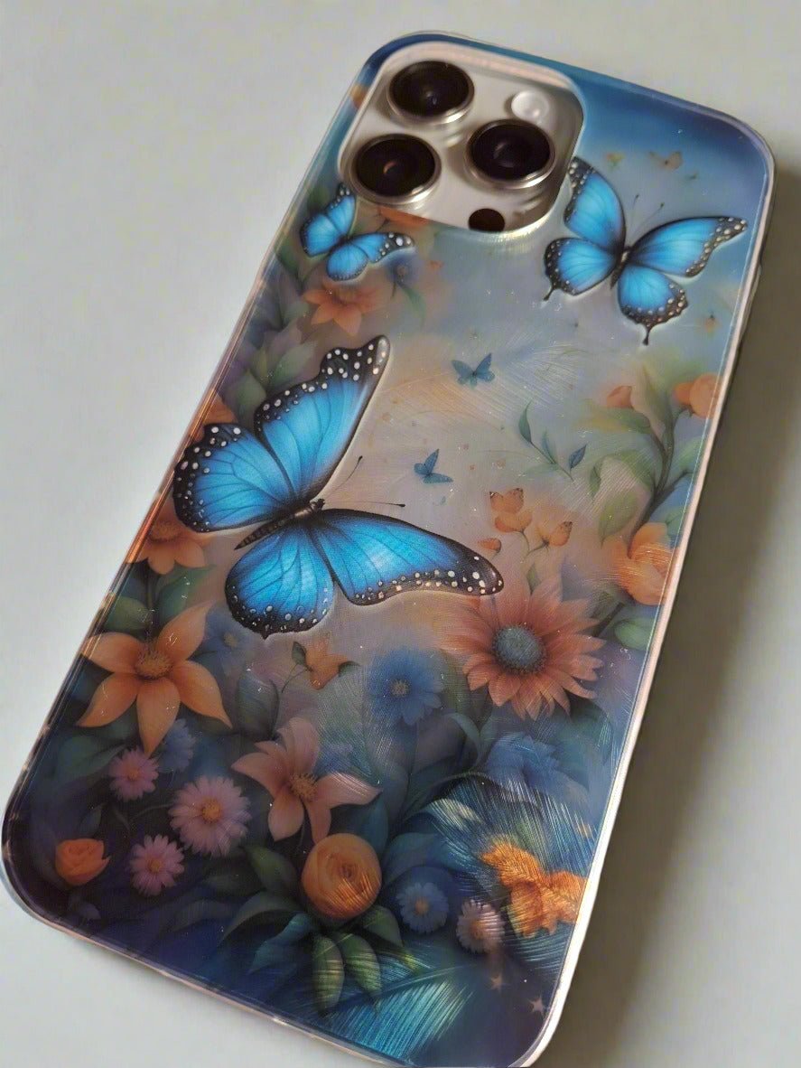 Butterflies Flowers Shadow Shell Shockproof Case for iPhone 16 Pro Max