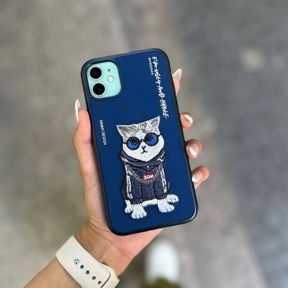 Nimmy Friends Grey Cat Blue Glasses 3D embroidered iPhone case