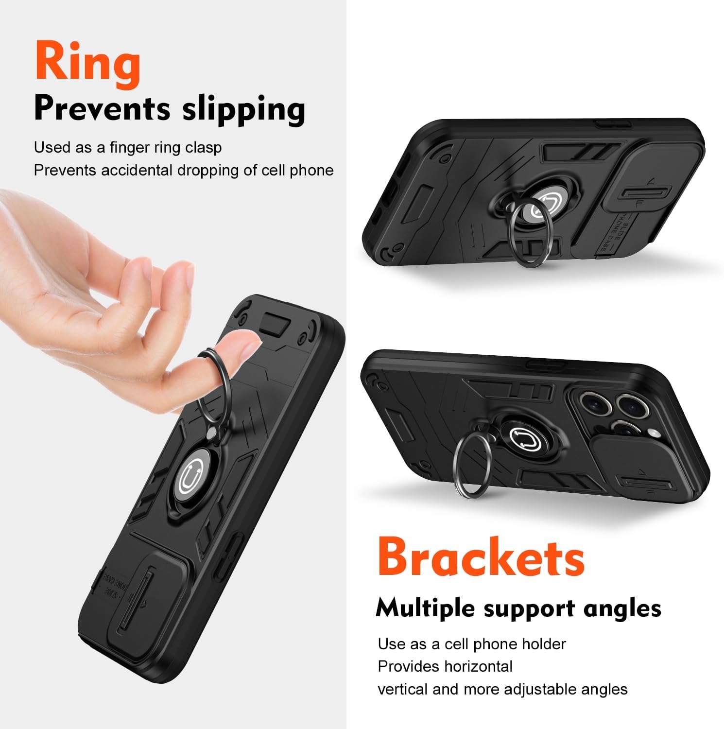 Built-in 360 Rotating metal ring phone case with sliding camshield,soft and hard combination for iphone 16 pro max (Black)