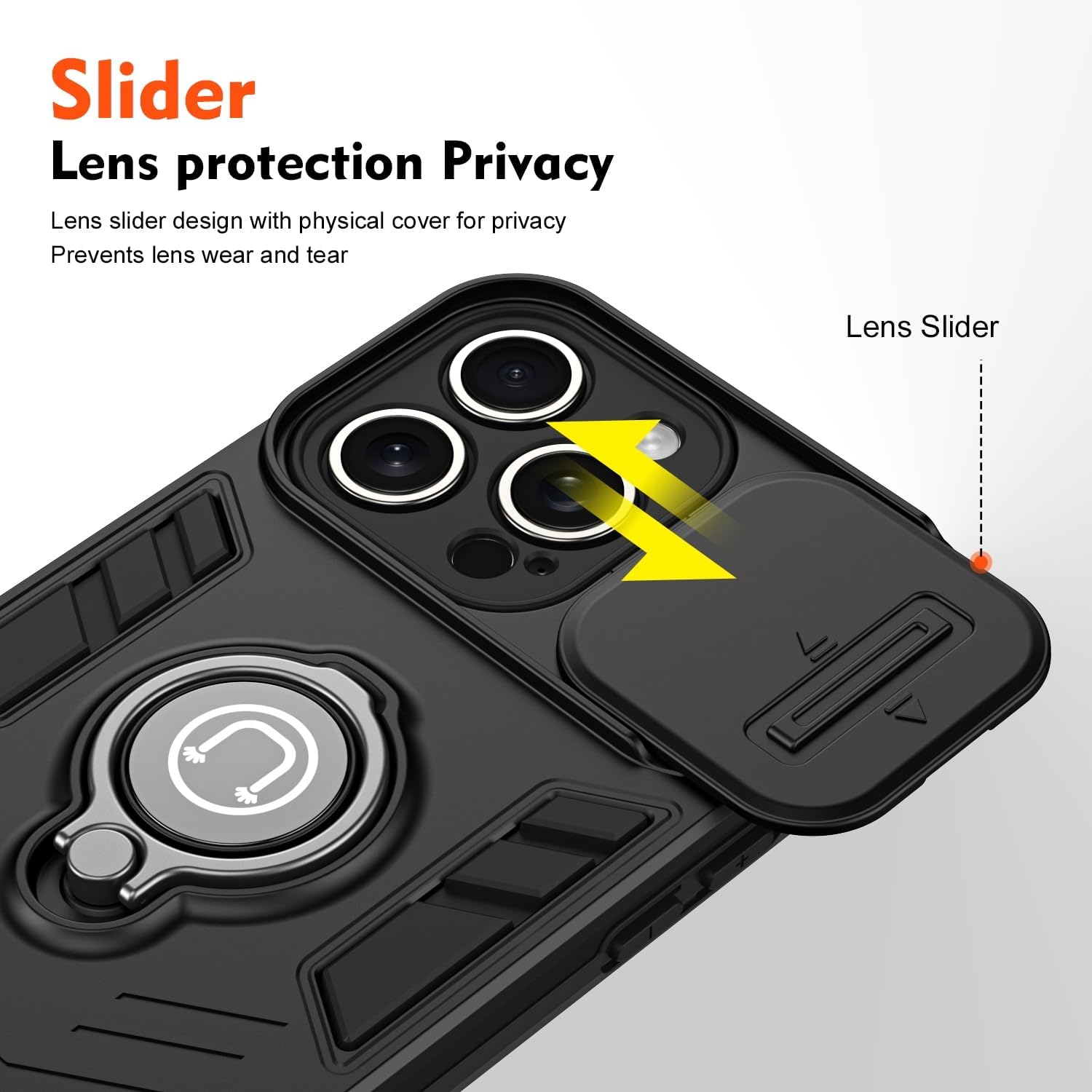 Built-in 360 Rotating metal ring phone case with sliding camshield,soft and hard combination for iphone 16 pro max (Black)