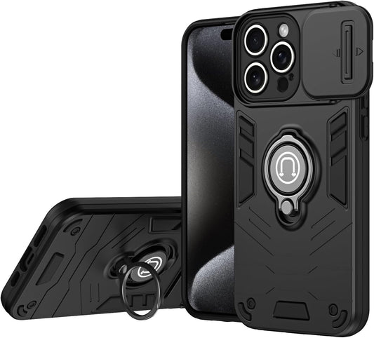 Built-in 360 Rotating metal ring phone case with sliding camshield,soft and hard combination for iphone 16 pro max (Black)