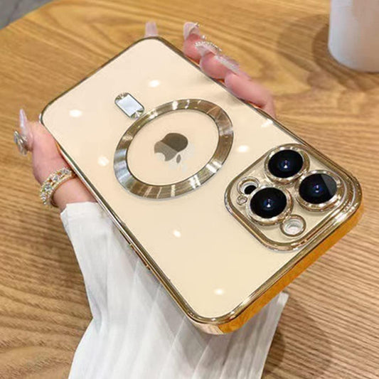 Magnetic Case with Camera Lens Protector, Compatible with Mag-Safe Slim Thin Transparent Phone Case Cover For iPhone 15 Pro max 6.7 Inch (Gold)