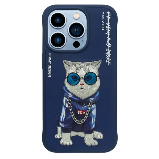 Nimmy Friends Grey Cat Blue Glasses 3D embroidered iPhone case