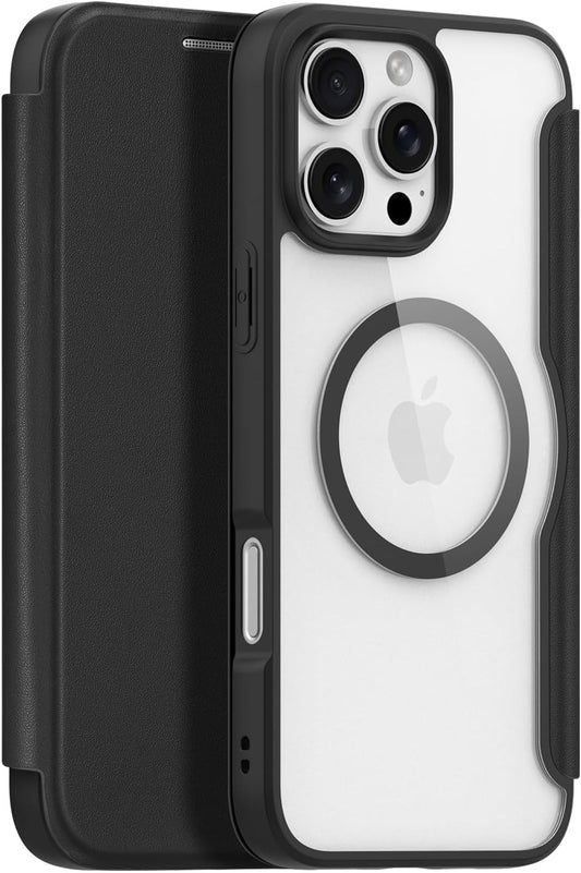 Shockproof Hard PC Back Soft TPU Frame Magnetic Wireless Charging Flip Card Holder Case Anti-scratch Protective Cover for IPhone 16 Pro Max (Black)