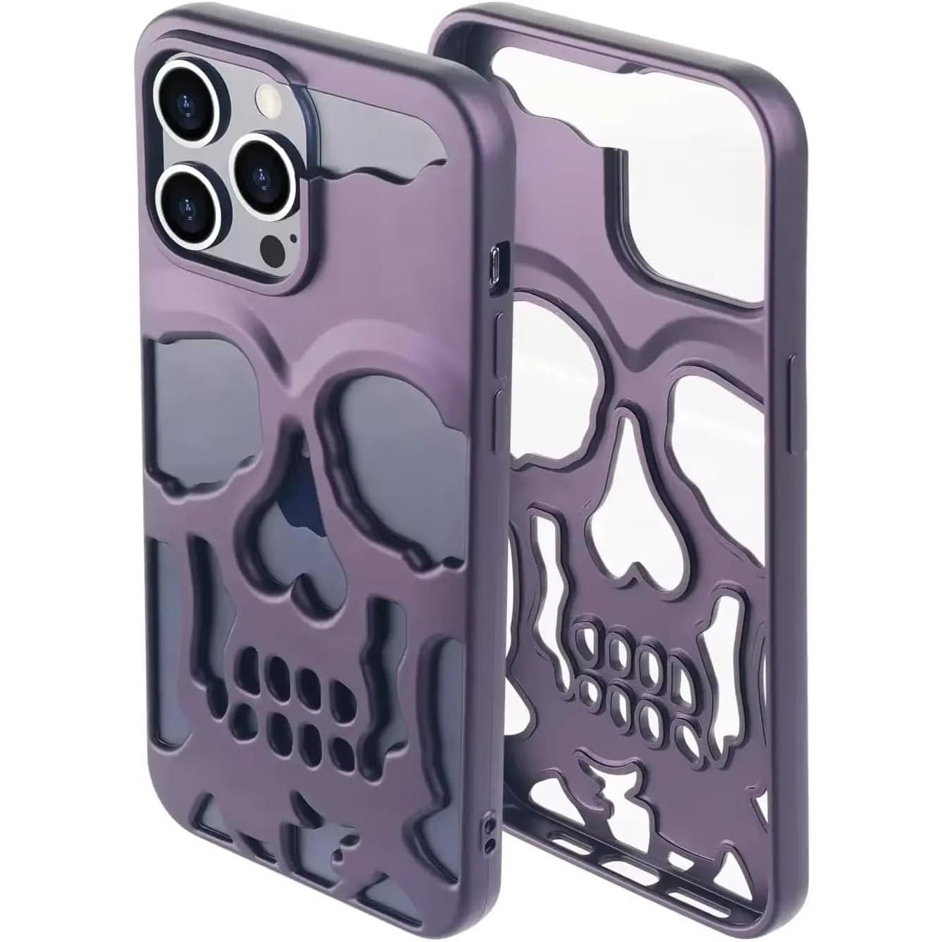 Skull Design with Laser Technology Color Film, Hollow Out Glossy Finish Plating Slim Stylish Shell for iPhone 15