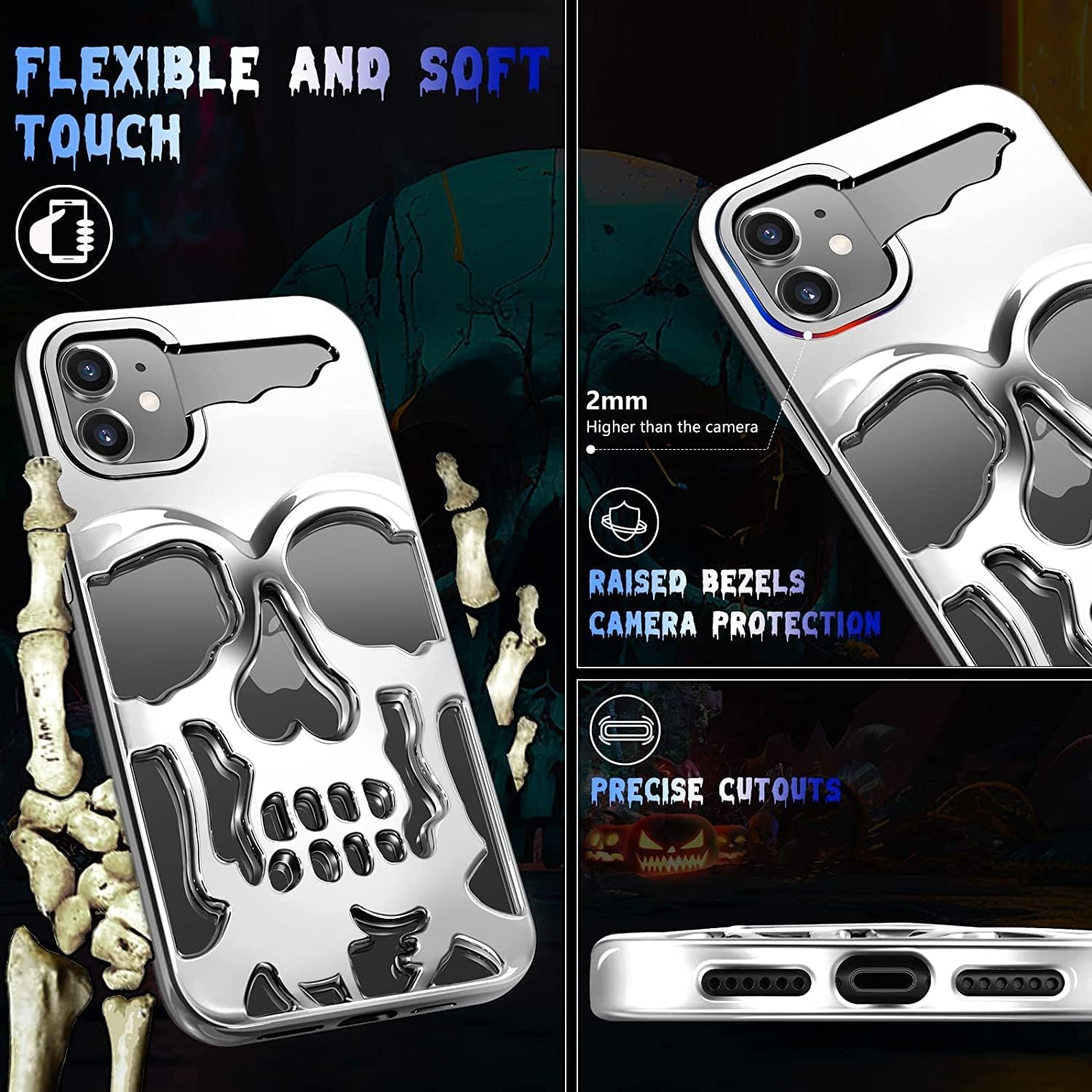Skull Design with Laser Technology Color Film, Hollow Out Glossy Finish Plating Slim Stylish Shell for iPhone 15
