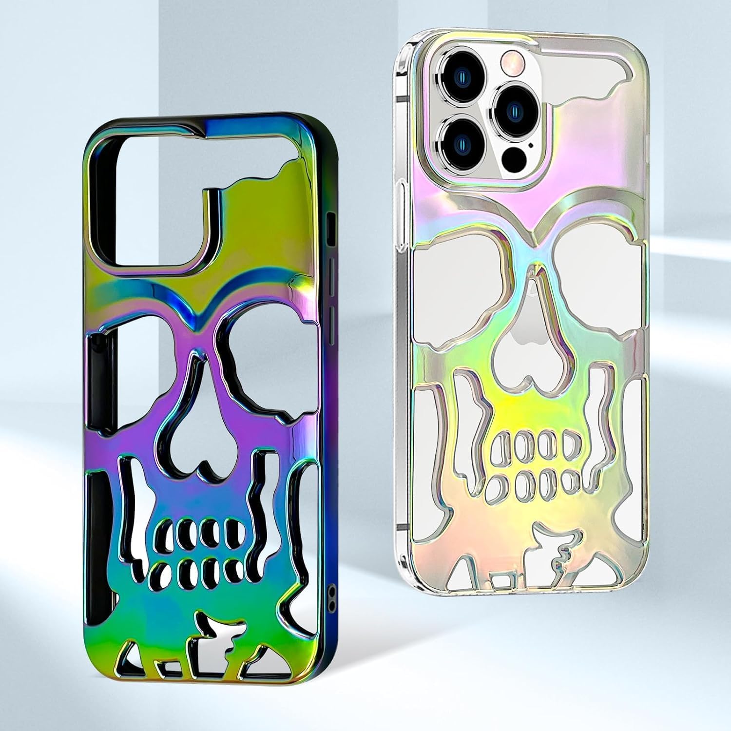 Skull Design with Laser Technology Color Film, Hollow Out Glossy Finish Plating Slim Stylish Shell for iPhone 15