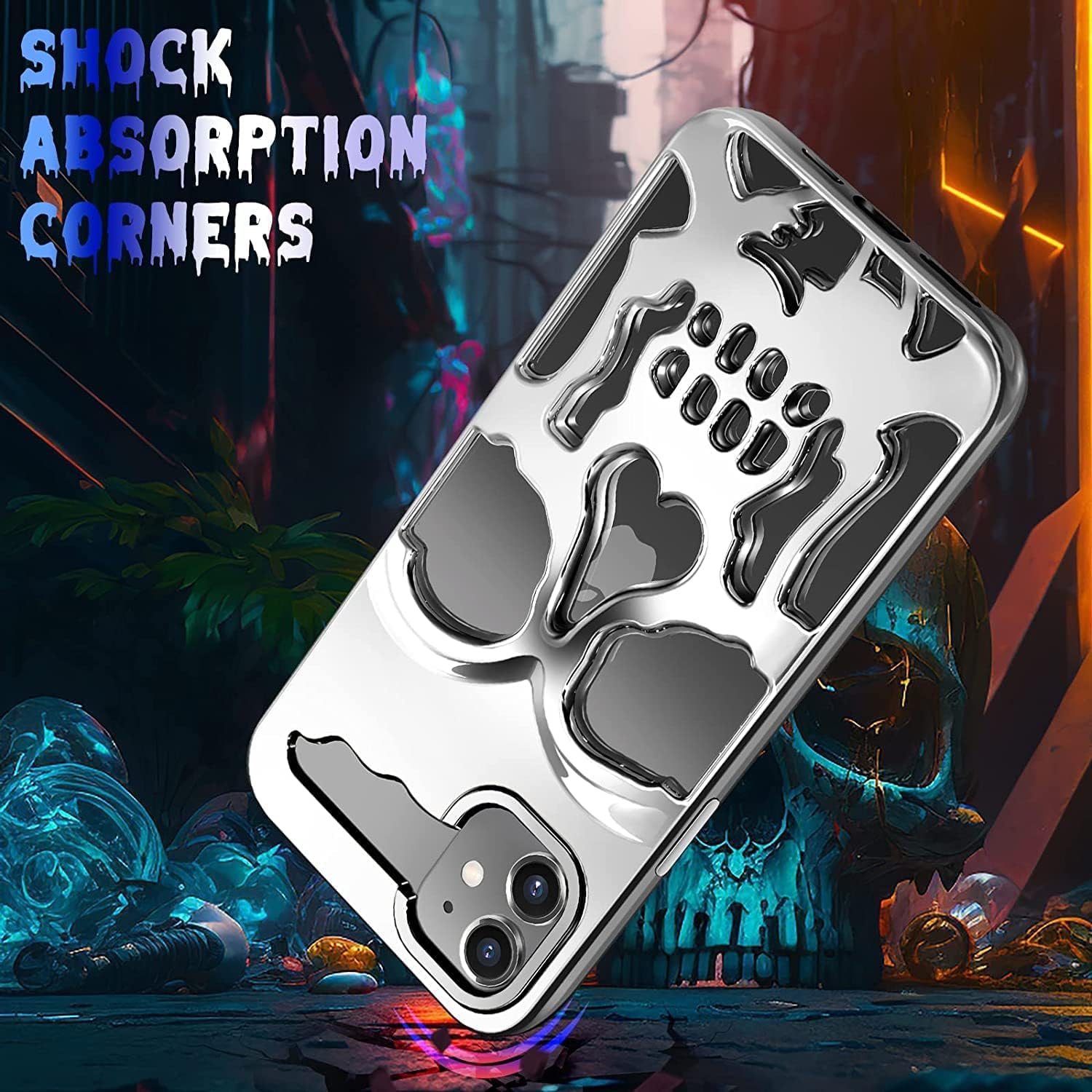 Skull Design with Laser Technology Color Film, Hollow Out Glossy Finish Plating Slim Stylish Shell for iPhone 15