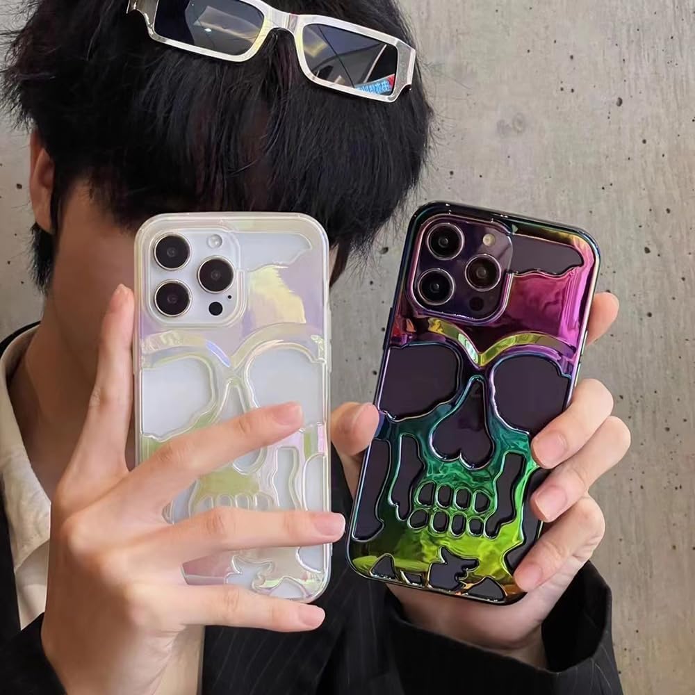 Skull Design with Laser Technology Color Film, Hollow Out Glossy Finish Plating Slim Stylish Shell for iPhone 15