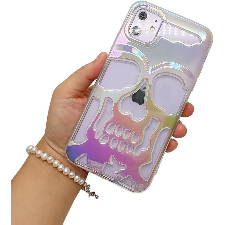 Skull Design with Laser Technology Color Film, Hollow Out Glossy Finish Plating Slim Stylish Shell for iPhone 15
