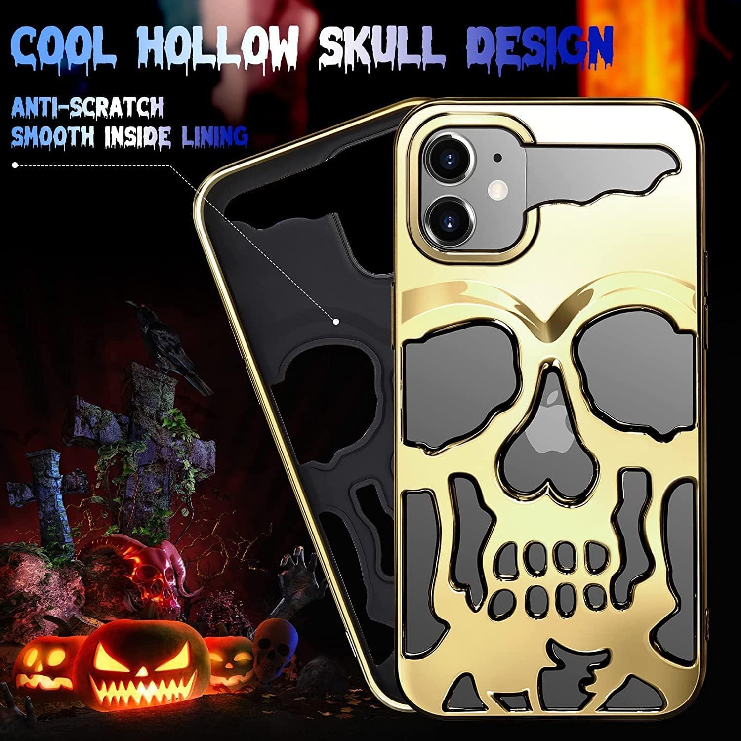 Skull Design with Laser Technology Color Film, Hollow Out Glossy Finish Plating Slim Stylish Shell for iPhone 15