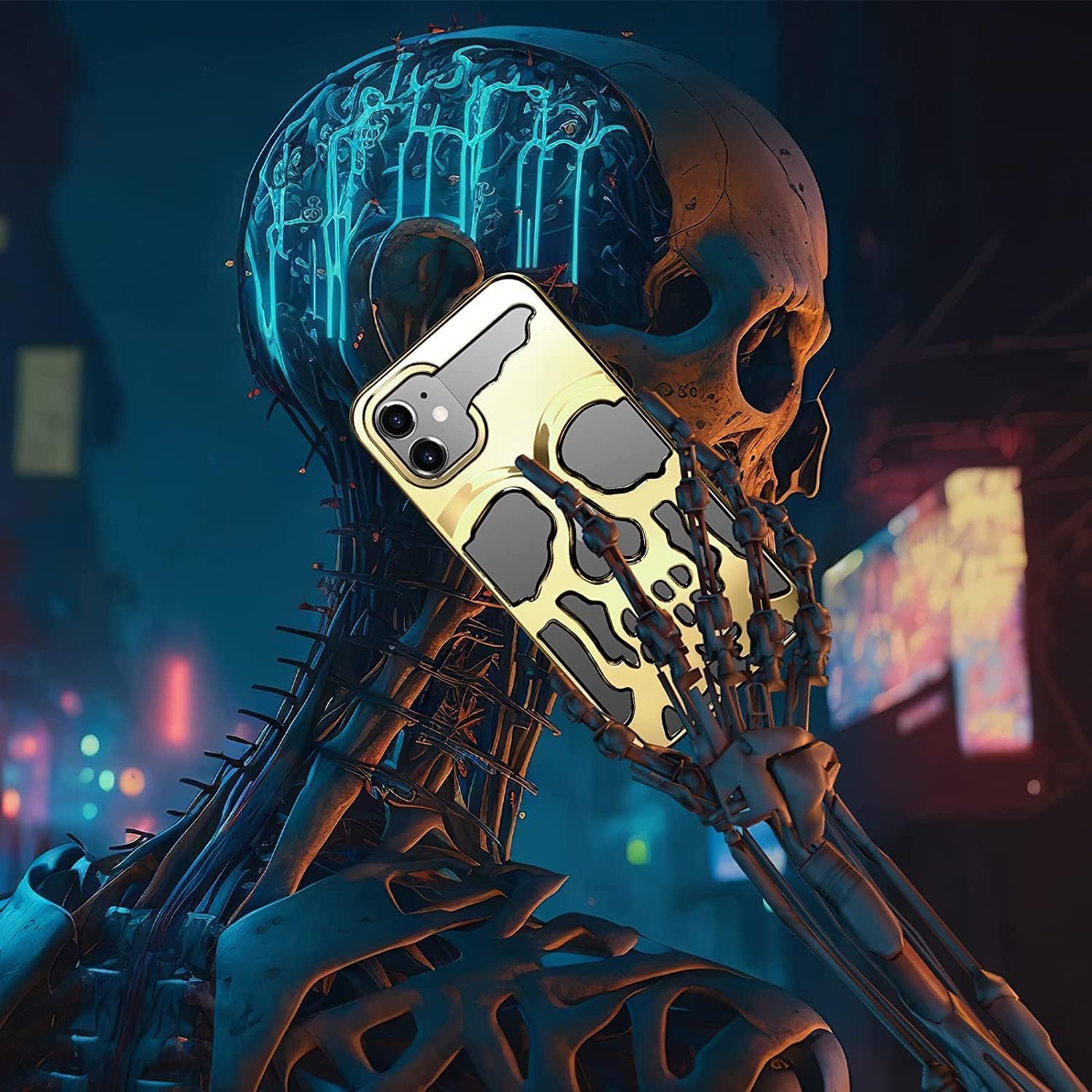 Skull Design with Laser Technology Color Film, Hollow Out Glossy Finish Plating Slim Stylish Shell for iPhone 15