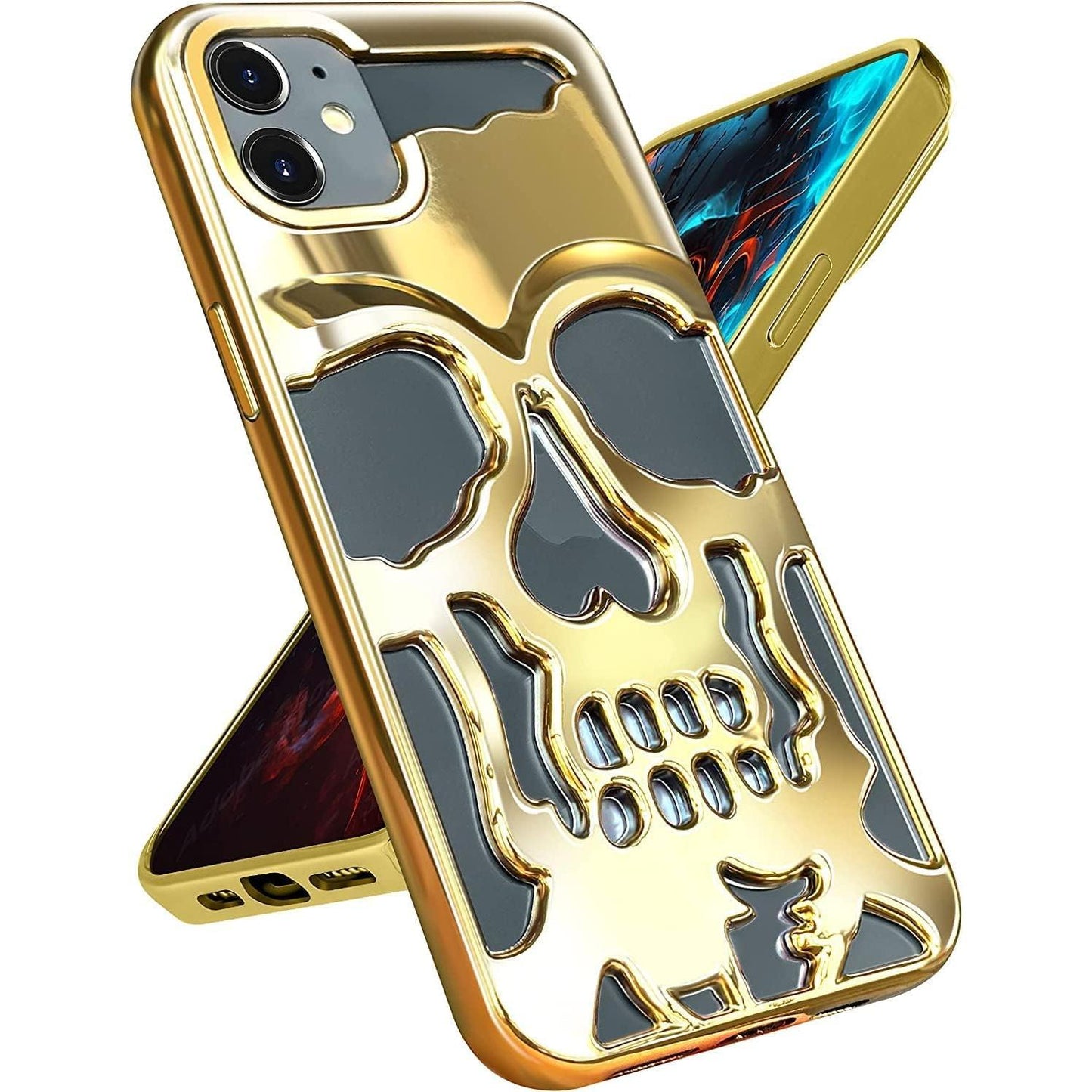 Skull Design with Laser Technology Color Film, Hollow Out Glossy Finish Plating Slim Stylish Shell for iPhone 15