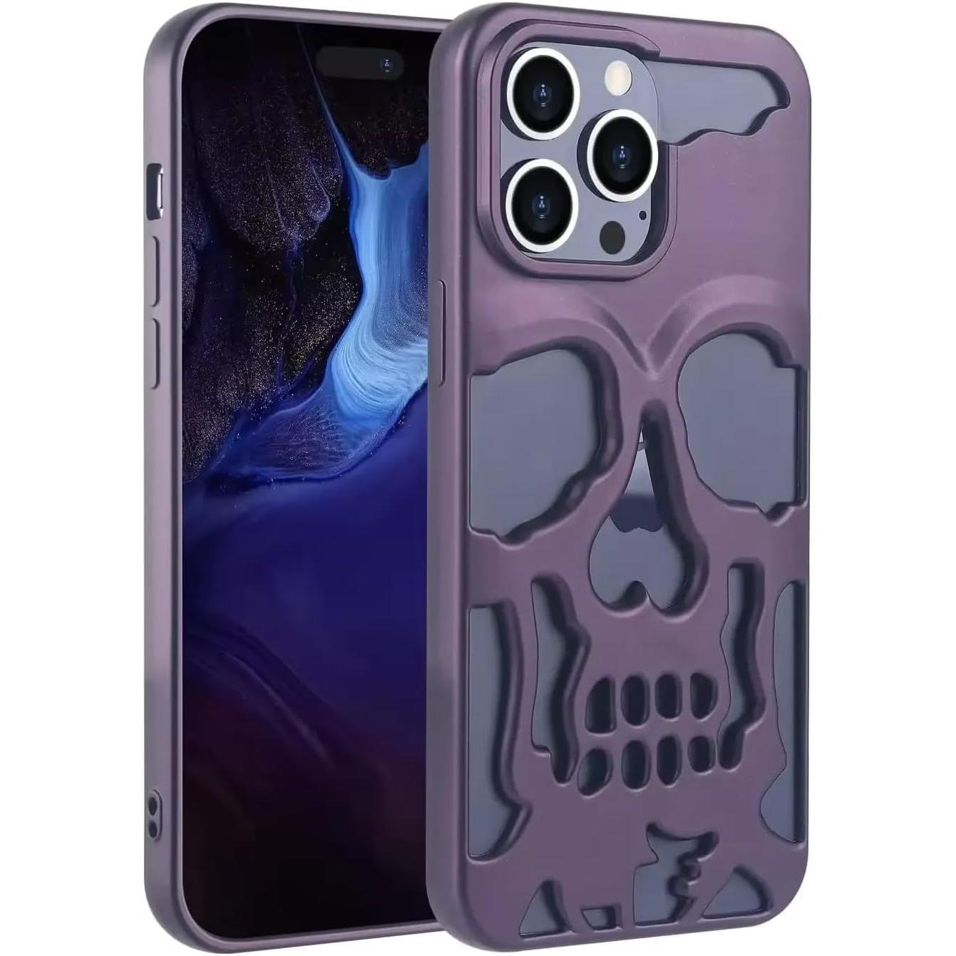 Skull Design with Laser Technology Color Film, Hollow Out Glossy Finish Plating Slim Stylish Shell for iPhone 15