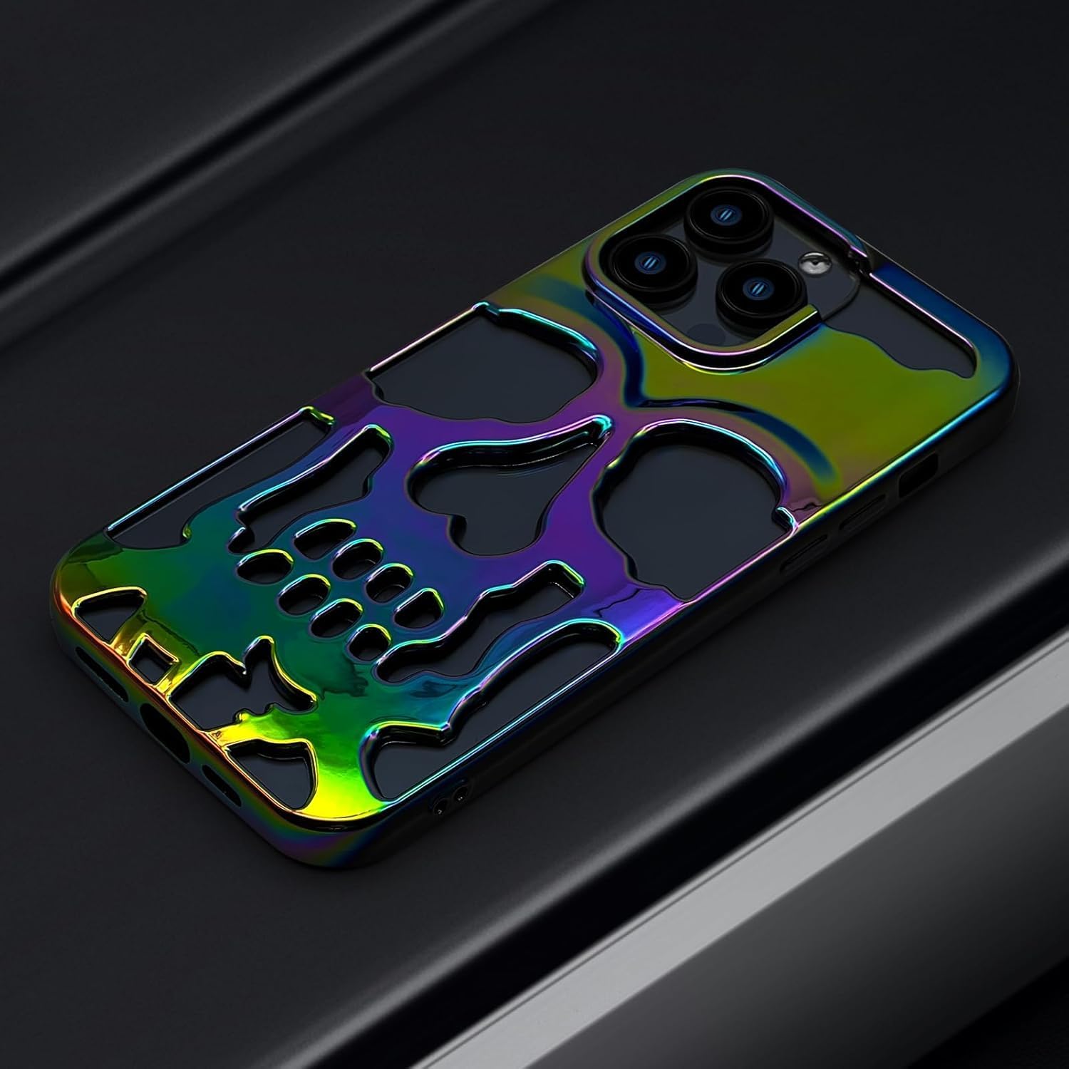 Skull Design with Laser Technology Color Film, Hollow Out Glossy Finish Plating Slim Stylish Shell for iPhone 15