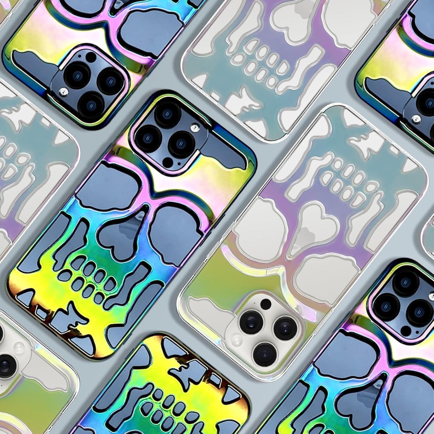 Skull Design with Laser Technology Color Film, Hollow Out Glossy Finish Plating Slim Stylish Shell for iPhone 15