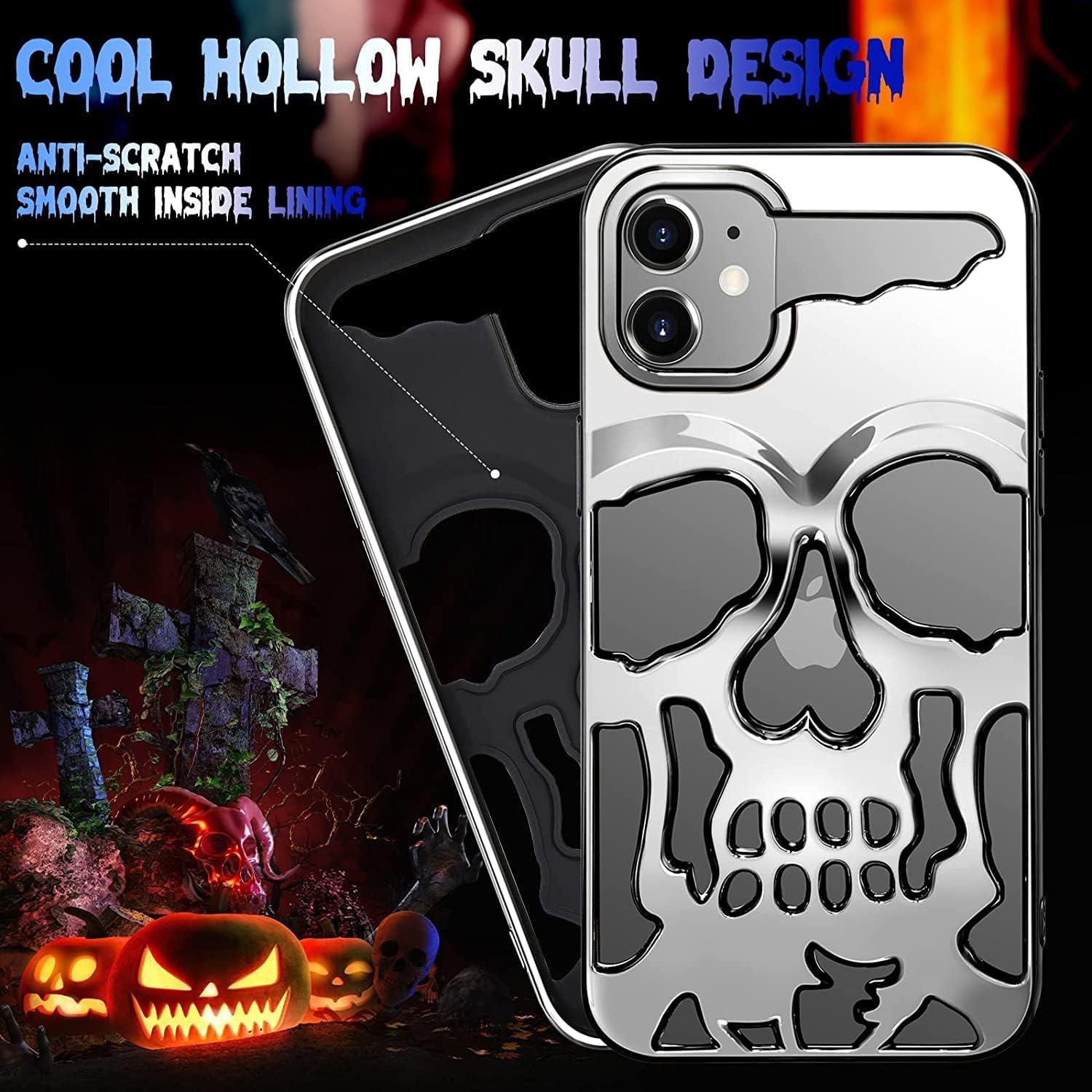 Skull Design with Laser Technology Color Film, Hollow Out Glossy Finish Plating Slim Stylish Shell for iPhone 15