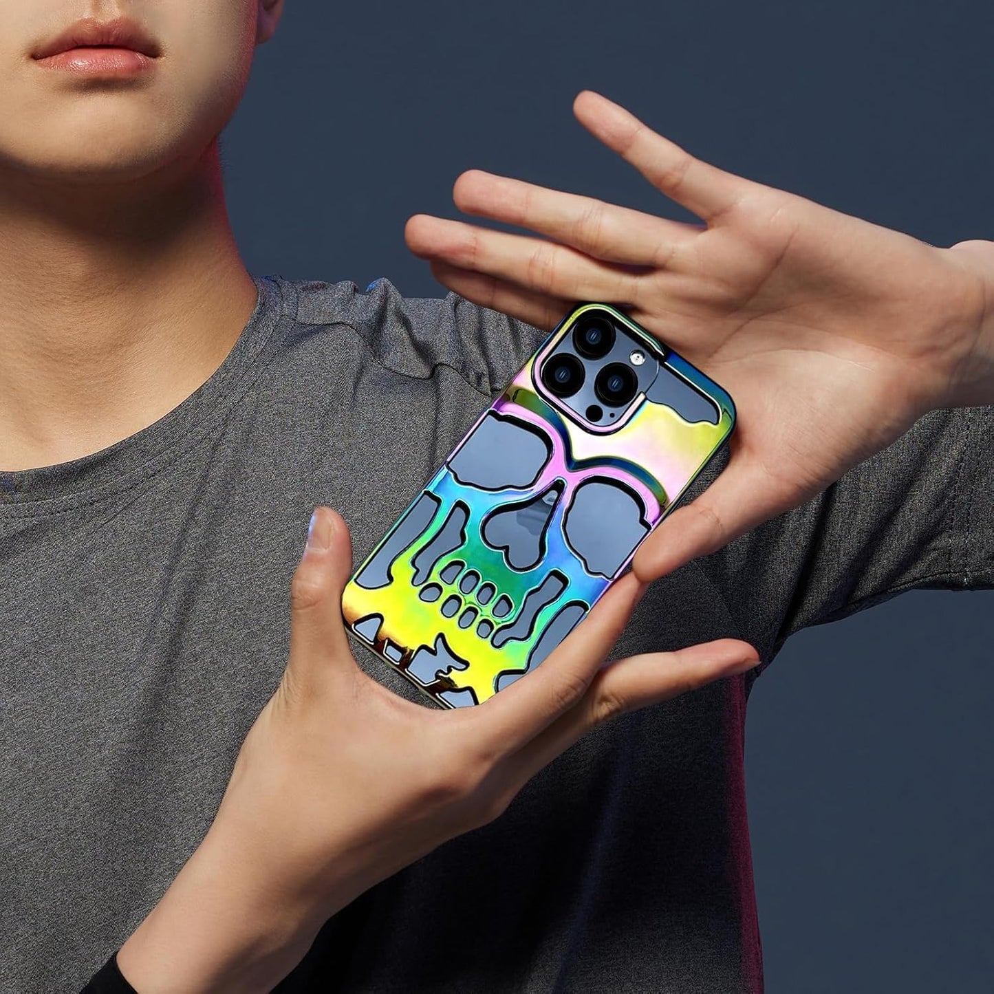 Skull Design with Laser Technology Color Film, Hollow Out Glossy Finish Plating Slim Stylish Shell for iPhone 15