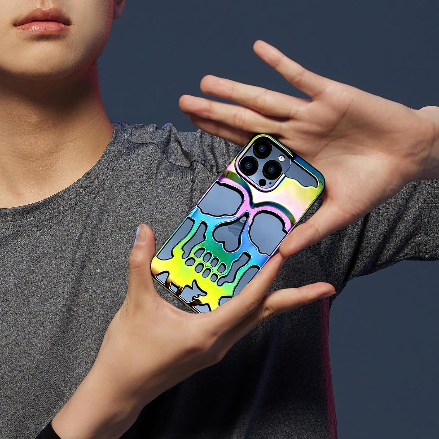 Skull Design with Laser Technology Color Film, Hollow Out Glossy Finish Plating Slim Stylish Shell for iPhone 15