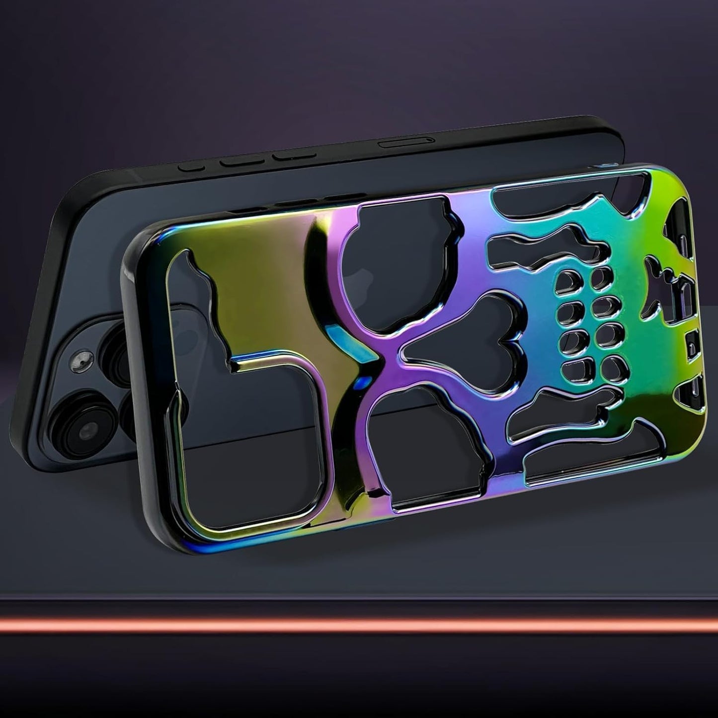 Skull Design with Laser Technology Color Film, Hollow Out Glossy Finish Plating Slim Stylish Shell for iPhone 15