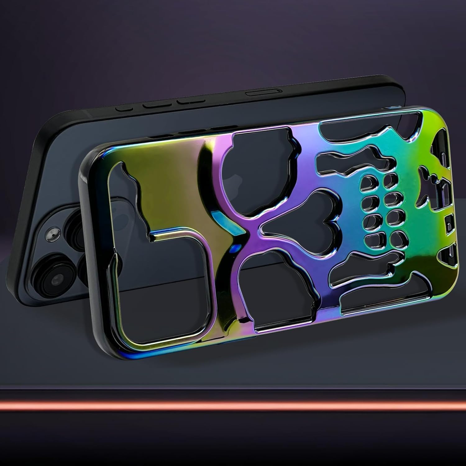 Skull Design with Laser Technology Color Film, Hollow Out Glossy Finish Plating Slim Stylish Shell for iPhone 15