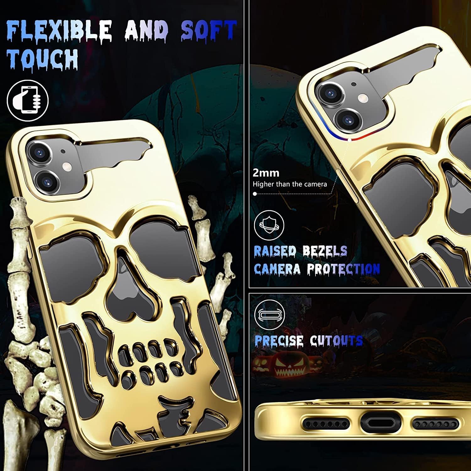 Skull Design with Laser Technology Color Film, Hollow Out Glossy Finish Plating Slim Stylish Shell for iPhone 15